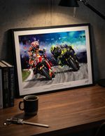 VALENTINO ROSSI MARC MARQUEZ limited edition print by Greg Tillett A3