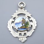 ANTIQUE STERLING SILVER &ENAMEL POCKET WATCH FOB ANGLING MEDAL HALLMARK 1912