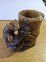 Vintage Chinese Hand Carved Soapstone Red Panda & Bamboo Brush Pot