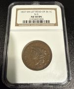 1837 1c Small Letters Head of 36, N-5, NGC AU50BN - RARE!