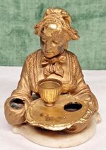 LOVELY ANTIQUE GILT BRONZE DESK  INKWELL  ON A MARBLE BASE - 13CMS