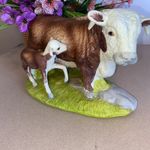 RARE Vtge Salco Hand Painted Porcelain Hereford Horned Cow And Calf Farm Scene