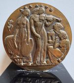 French Art Nouveau bronze medal, Henri Bouchard, Les Arts, on plinth, large size