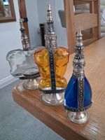 3 MORROCAN? PERFUME SCENT BOTTLES ORNATE GLASS METAL EMPTY