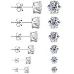 Stainless Steel CZ Stud Earrings Set Hypoallergenic Silver Tone 3-8mm 6Pcs