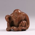 Antique Japanese Wooden Hand Carving Netsuke Monkey Holding A Child Meiji Era