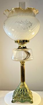 Duplex Paraffin Oil Lamp Metal Base & Column, Brass Burner, Glass Font & Shade