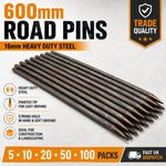 16mm x 600mm Steel Road Pins Ground Stakes Formwork Pins Heavy Duty 5-100 Pack