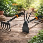 Garden Hand Tool Set 5-Tine Rake & 2in1 Digger Hoe Steel Heavy Duty