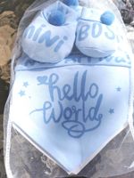 Baby Hat, New Arrival, Mini Boss, Hello World, Bootie & Bib Gift Set, Blue Nb-3M