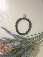 Black Beaded Stretch Slip-On Bracelet Round Beads Silver Tone Hamsa Charm