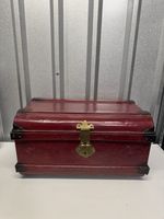 Antique Tin Chest Red Trunk Storage Box with Lock Latch Metal Hand Made