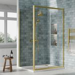 Nuie Rene Brushed Brass Sliding Door Shower Enclosure 6mm Glass with Tray Waste