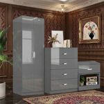 High Gloss 3 Piece Bedroom Furniture Bedside Table Wardrobe Set Chest of Drawers