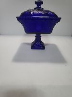 Westmoreland Beaded Grape Vine Leaf Cobalt Blue Glass Covered Compote