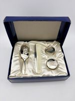 Vintage Silver Plated Christening Gift Set Teddy Bear Brush Comb Tooth Boxes