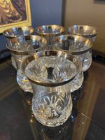 Turkish Tea Glasses Set 6 Cut Glass with Silver/Gold Rim and Details VTG Retro