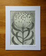 Original Folk Drawing by Hew-White, Flower, Floral Folk Surrealism, Dark Scandi