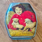 Horner Food Advertising Tin Box, Blue Metal, Girl Holding Puppies Design