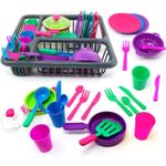 Kids Washing Up Set Toy Kitchen Accessories 27 Piece Play Plates Cutlery Drainer