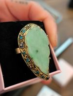 ANTIQUE JEWELRY Green Jade Filigree Enamel Inlay Silver Gold Cocktail Ring 1910