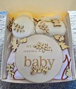 Baby Gift Basket Boxed Set: White 0-3M 'Baby 2027' Bodysuit, Wooden Sign