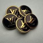 5  vintage Louis Vuitton buttons Metal Black  & gold  enamel LV logo Shanks 23mm