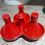 Red Glossy Ceramic 3-Compartment Condiment Server with Lids Small Round