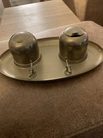 Lidded Inkwell with Pen or Quill Double Brass Holder Vintage Bakerlite Liners