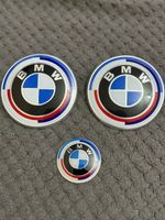 BMW 50th ANNIVERSARY BADGES FRONT AND REAR 82mm 74mm PAIR + steering sticker 