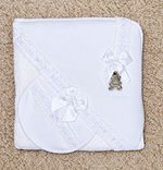 White 3 Piece Baby Bath Set. Hooded Towel, Bib And Dummy Clip