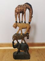 Kenyan Hand Carved Stack Of African Animals, Giraffe, Leopard, Zebra, Elephant