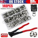 140PCS Single Ear Hose Clamp Assorted Set + Crimp Plier For Fuel Pipe Hose Clip