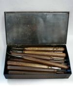 Collection Of 14 Old Burnishing Tools, Wood & Steel,  In Coppered Galleon Tin