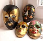 Set of 4 Vintage Brass Metal Decorative Masks Hand Painted Folk Art Wall Decor