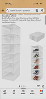 Stackable Foldable Shoe Storage Boxes, Clear/White, 6 Tier
