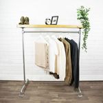 Clothes Rail Rack Solid Wood Shelf Heavy Duty Industrial Metal Silver Steel Base