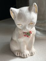 Vintage White Porcelain Cat Figurine Gold Trim Fabric Rose Collar 12cm As Is