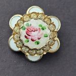 Vintage Guilloche Enamel Rhinestone Brooch Pin Floral Hand Painted Rose READ
