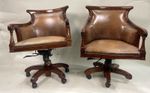 Pair Of Italian Mahogany & Leather Victoria Collection Revolving Captain's Chair