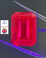 30ct Emerald Cut Pigeon Blood Red Lab-grown Ruby UV Blacklight 20x15mm VVS