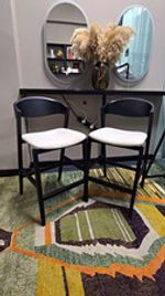 Set of 2 Black Wooden Bar Stools w/ Backrests, White Upholstered Seats