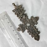 Vintage Ethiopian style Coptic Cross Large Silver Tone hinged Pendant refA605
