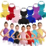 Kids Girls Halter Latin Dance Costume Rhinestone Feather Skirted Leotard Cutout