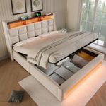 Ottoman King Bed Frame 5ft Upholstered Storage Bed with Slats & Headboard, Beige