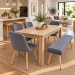 Dining Table Set with 4 Grey Chairs & Bench, Rectangular Light Wood-Effect