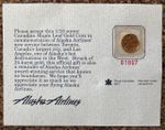 Rare Alaska Airlines Promotional 1/10 Gold Maple Leaf Coin and Card From 1990"s