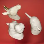3 Wall Art White Figurines Or Hooks. Ceramic Hippo & Narwhal. 1 Resin Unicorn.