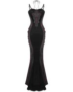 Eva Lady Womens Long Dark Devore Gothic Velvet Lace Mermaid Dress Black & Red