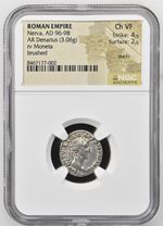 Roman Empire - Nerva - AD 96-98 - Silver Denarius - NGC Ch VF - RIC:44